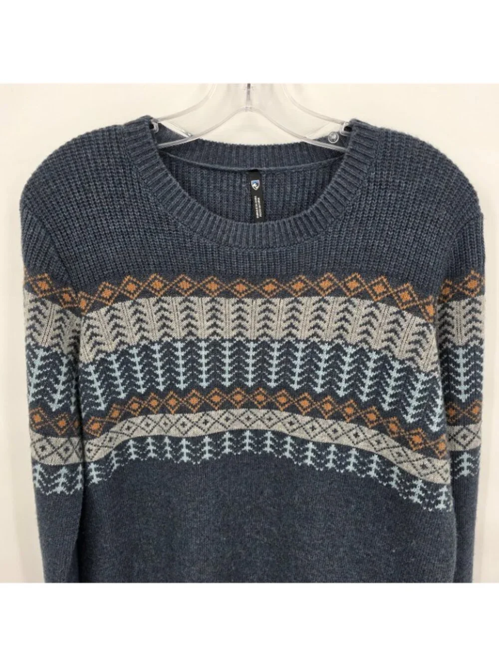 Kuhl Sweater Mens Large Blue Fair Isle Merino Wool Blend Knit Pullover Nordic